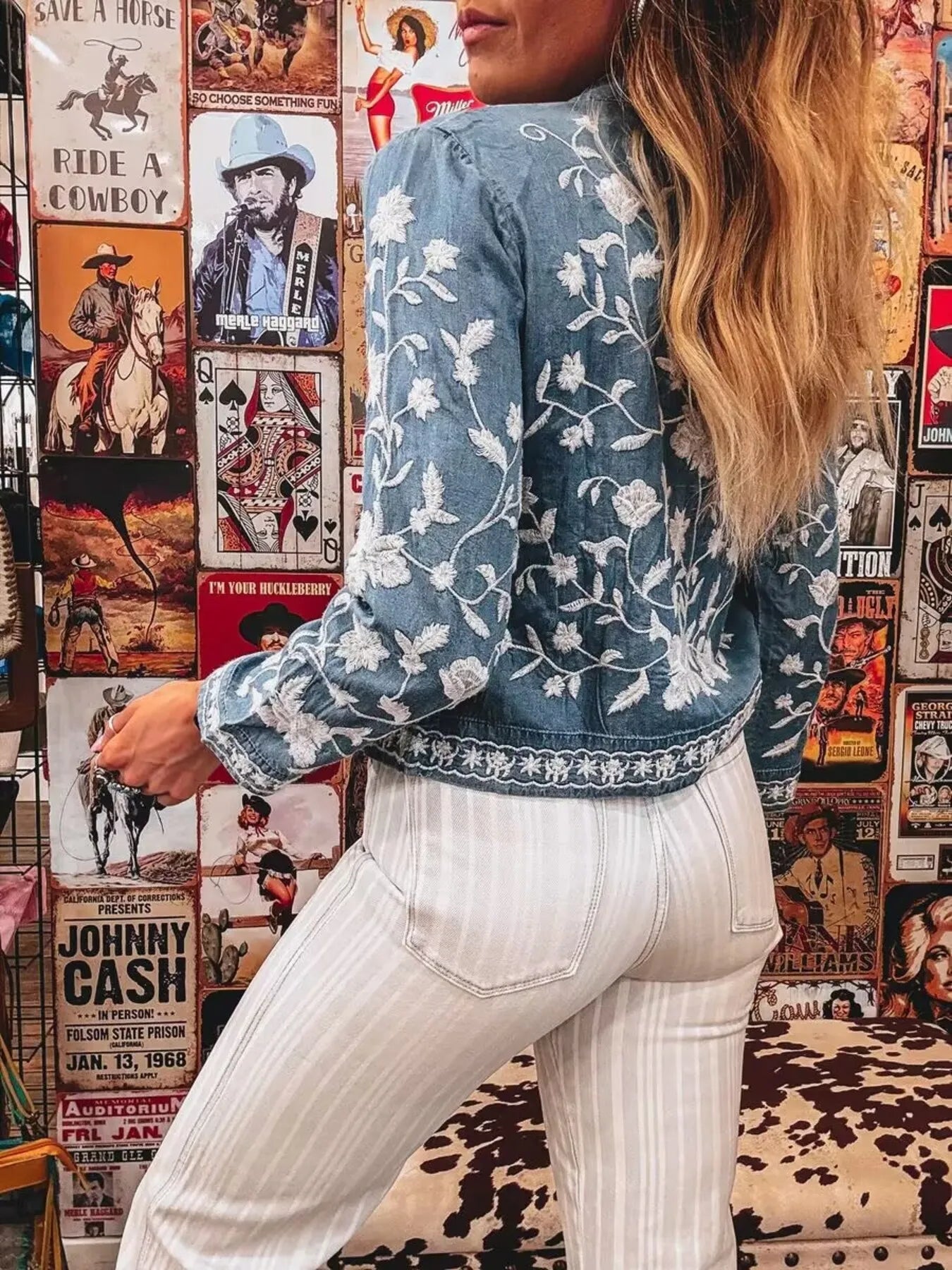 Floral Embroidered Button Up Denim Shirt.