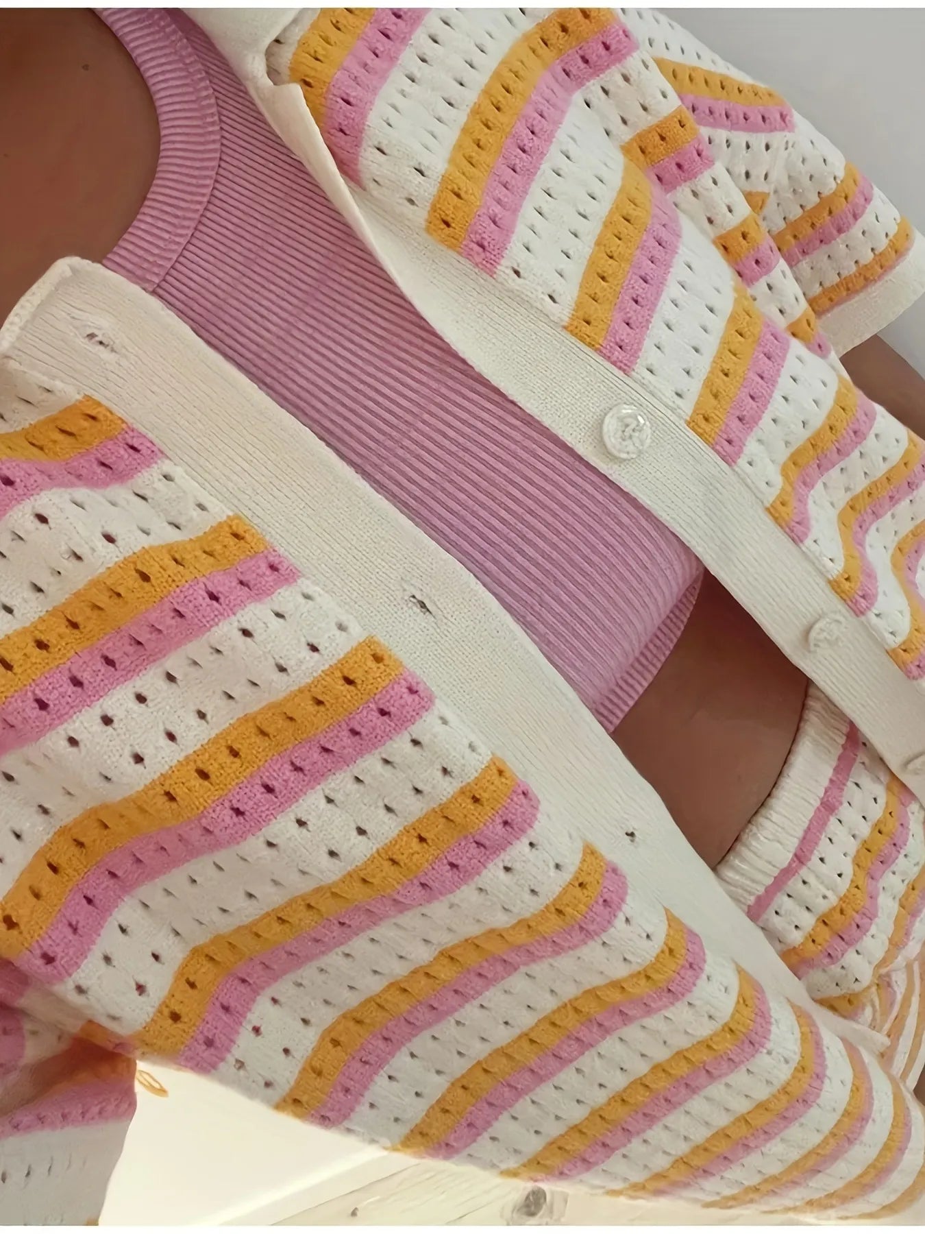 Colorful Striped Button Up Top and Shorts Sweater Set.