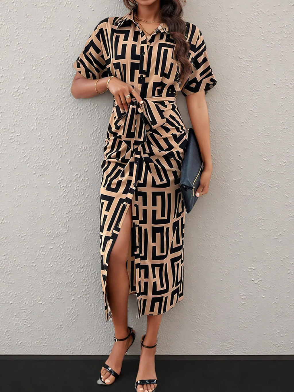 Geometric Print Belted Midi Dress.