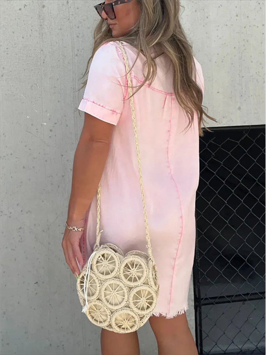 Full Size Raw Hem Short Sleeve Denim Dress Plus Size.