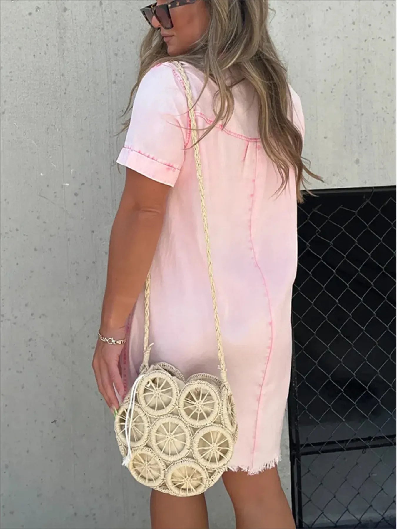 Full Size Raw Hem Short Sleeve Denim Dress Plus Size.