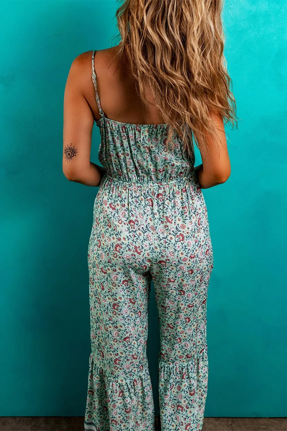 Bohemian Floral Ruffle Bottom Spaghetti Strap Jumpsuit.