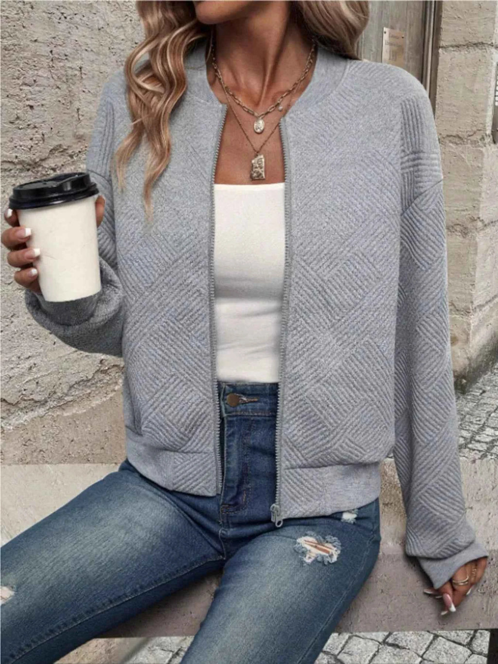 Textured Knit Zip-Up Bomber Jacket