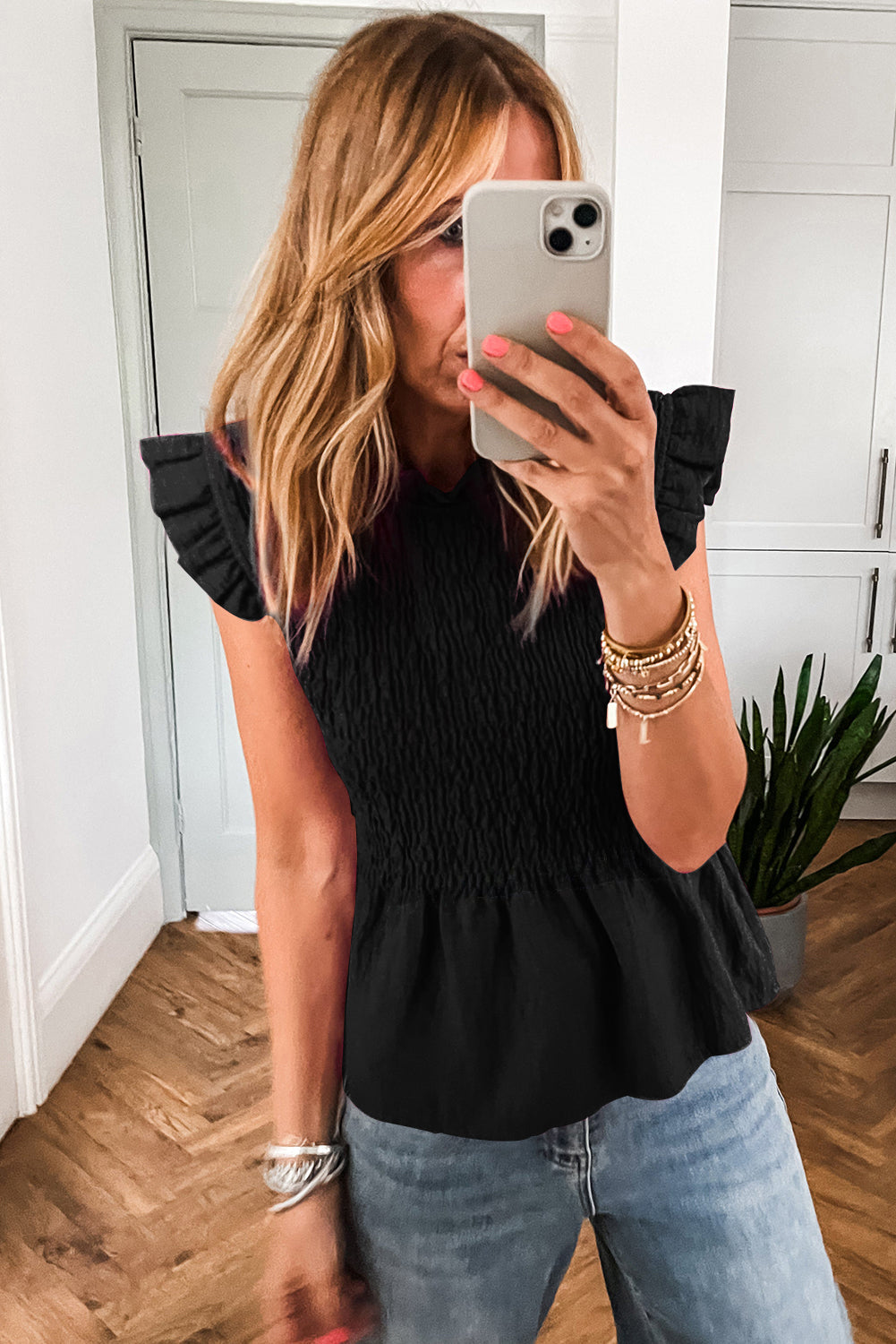 Black Ruffle Short Sleeve Shirred Peplum Top Dear-Lover Dropshipping