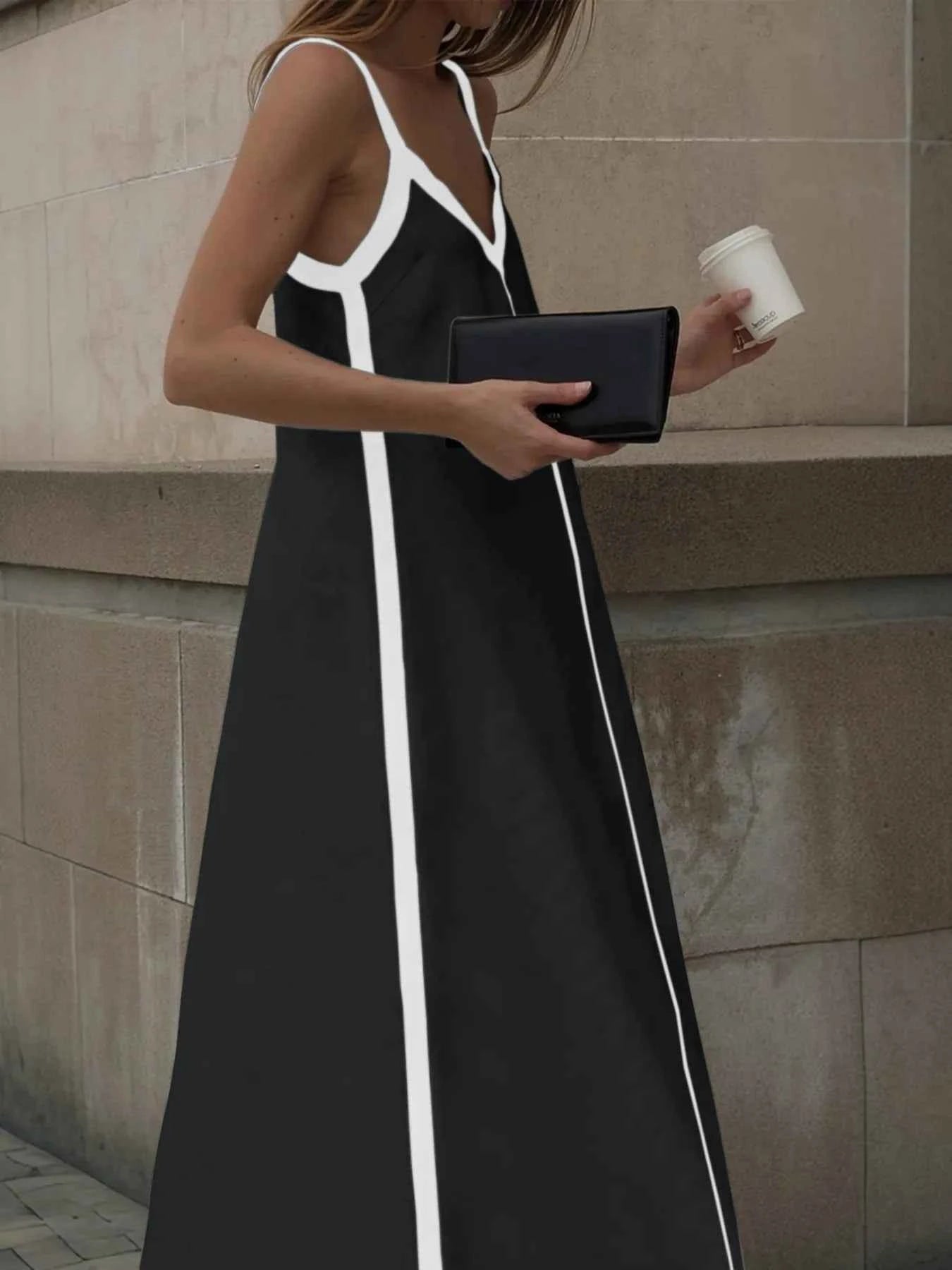 Contrast Trim V-Neck Maxi Dress