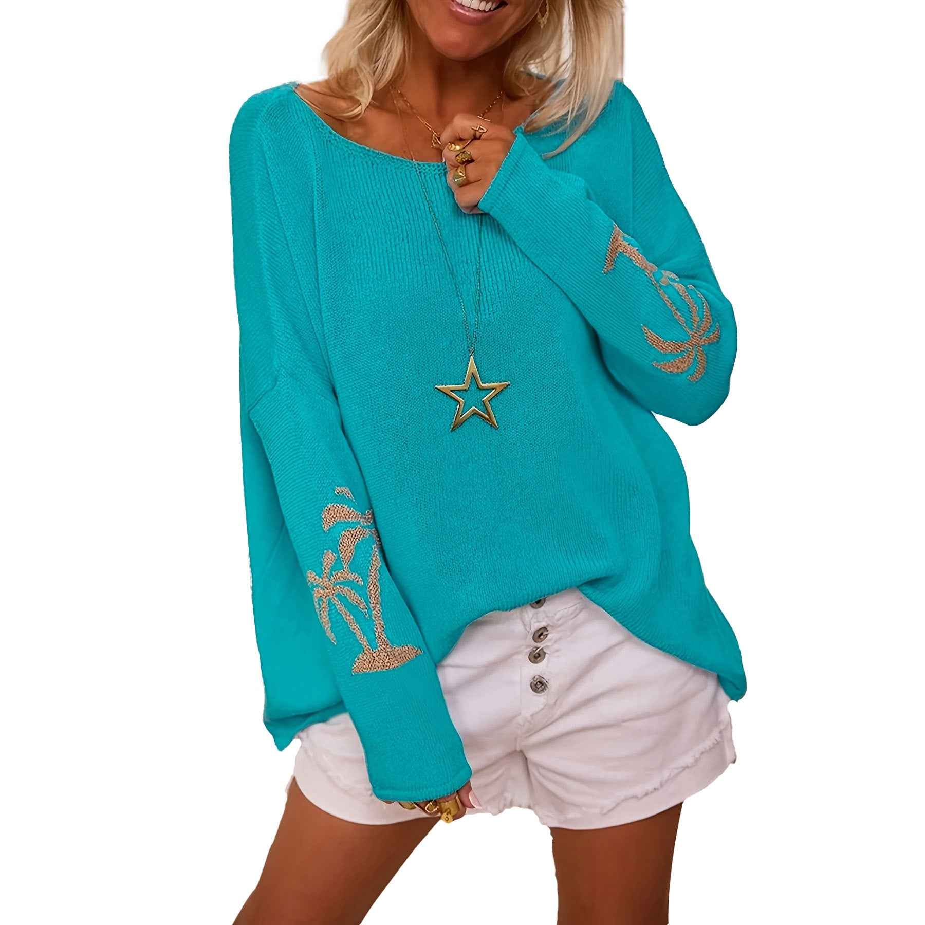 Crew-neck Color-block Coconut Palm Jacquard Loose-fit Casual Knit Pullover