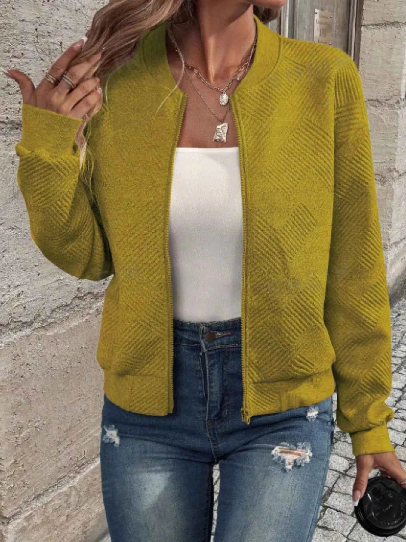 Textured Knit Zip-Up Bomber Jacket