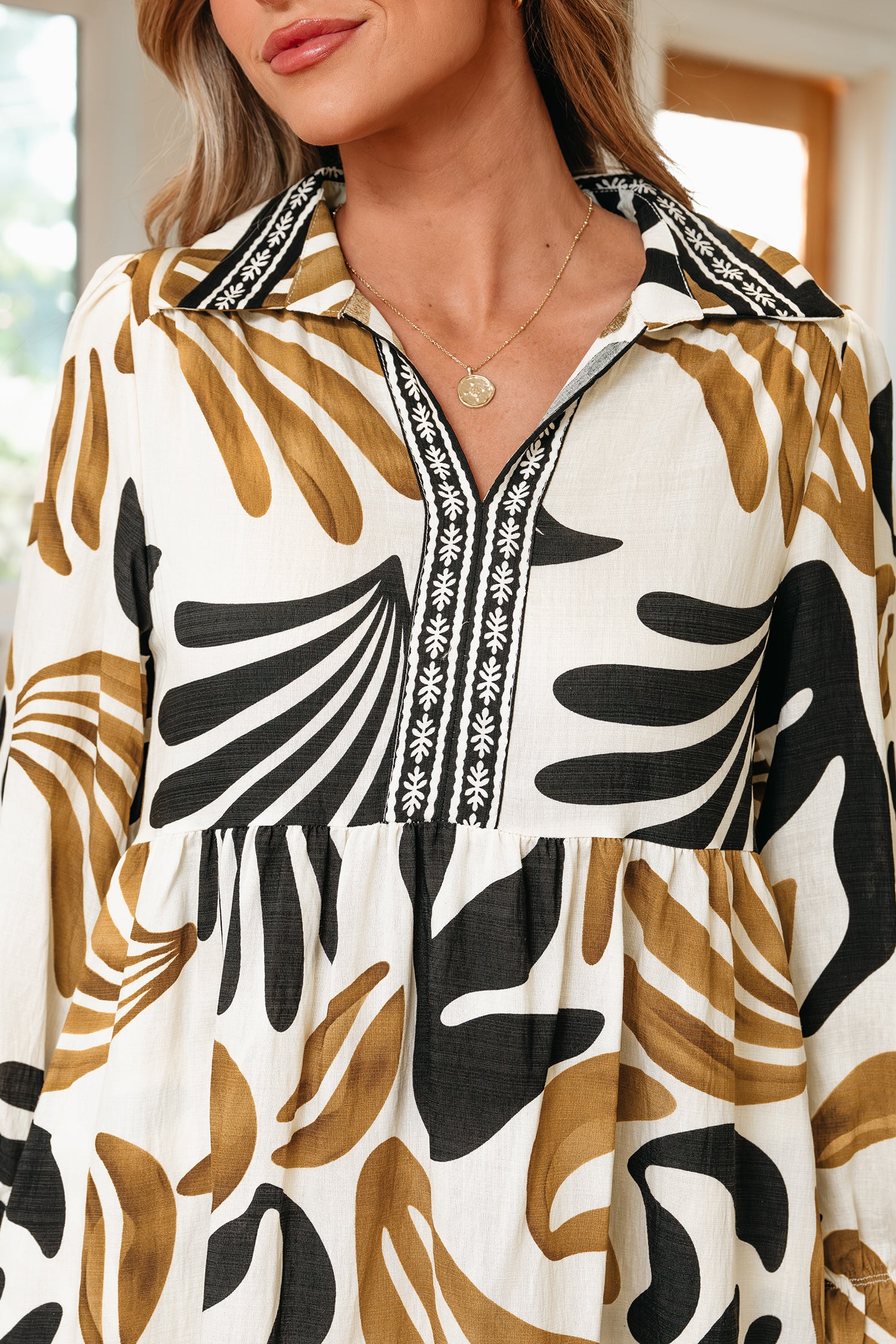 Brown Tropical Printed Contrast Trim Neck Long Sleeve Ruffle Hem Dress