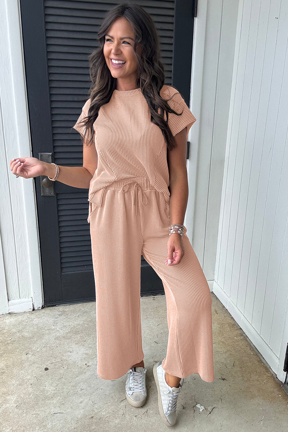 Smoke Gray Solid Corded Knit Short Sleeve T Shirt and Wide Leg Pants Set Dear-Lover Dropshipping