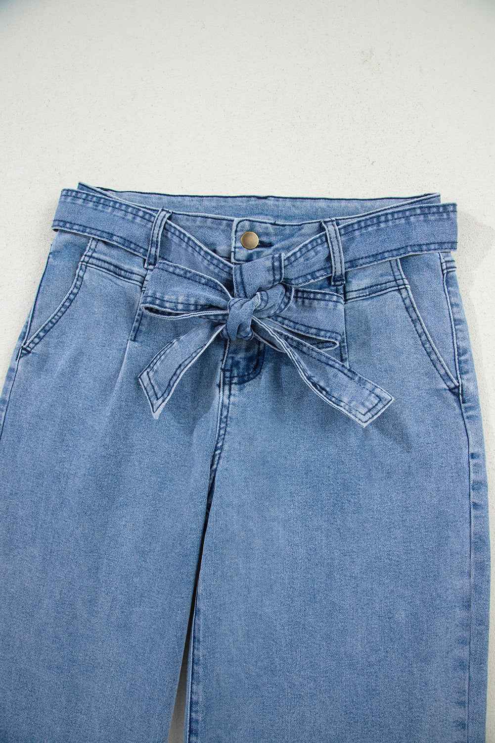 Beau Blue Western Washed Bow Knot Sash Wide Leg Jeans