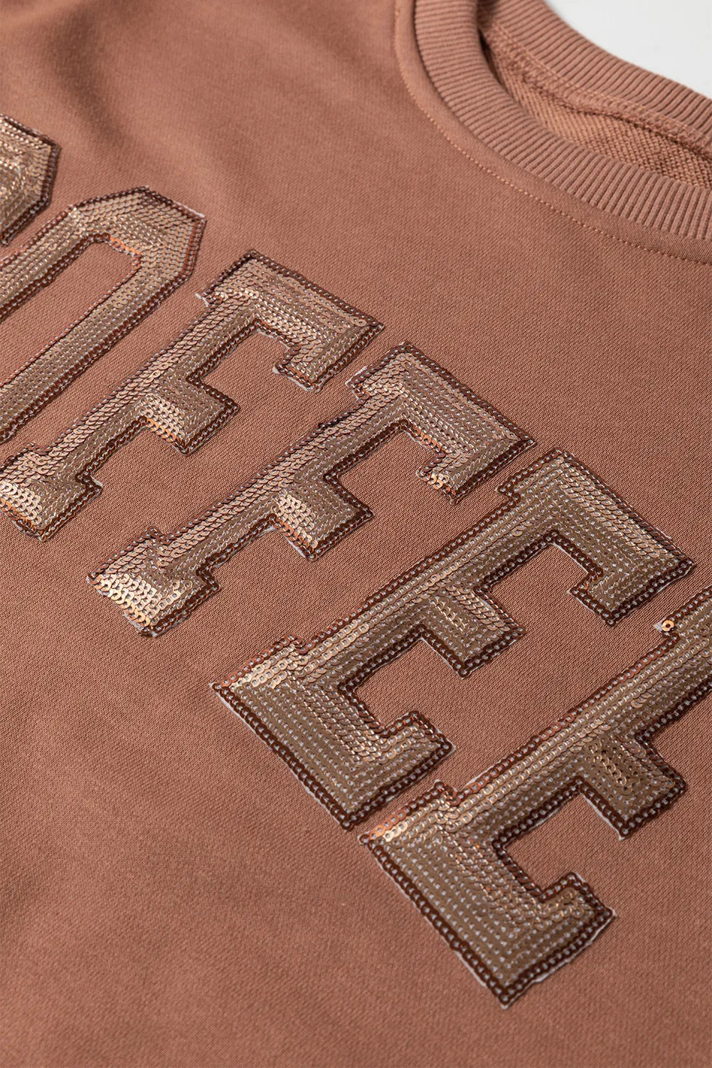 COFFEE Sequin Round Neck Long Sleeve Top and Shorts Set.