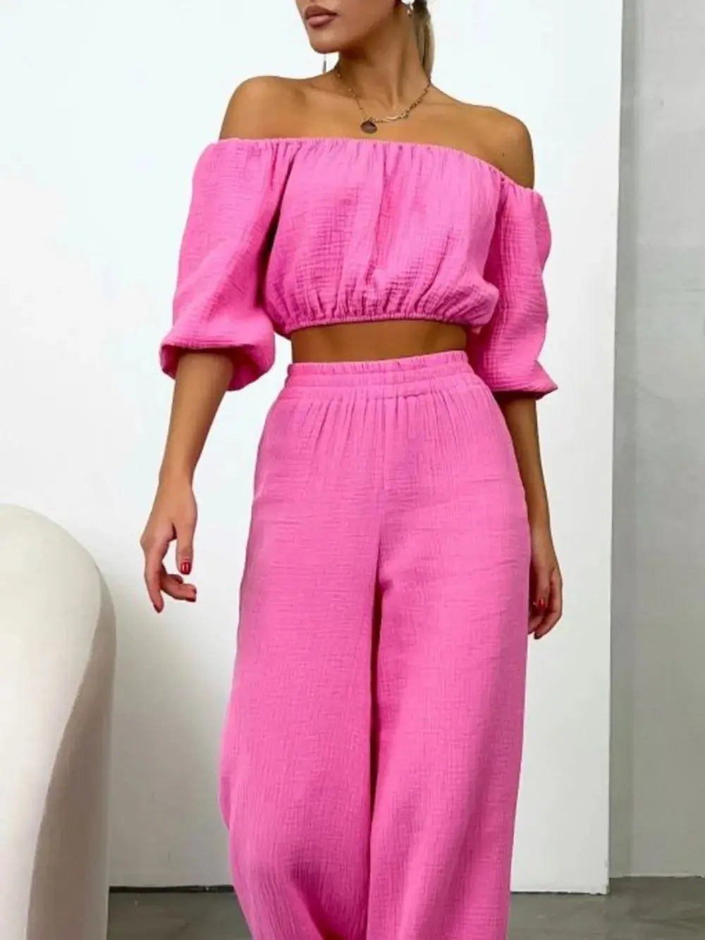 Off Shoulder Long Sleeve Top and Pants Set.