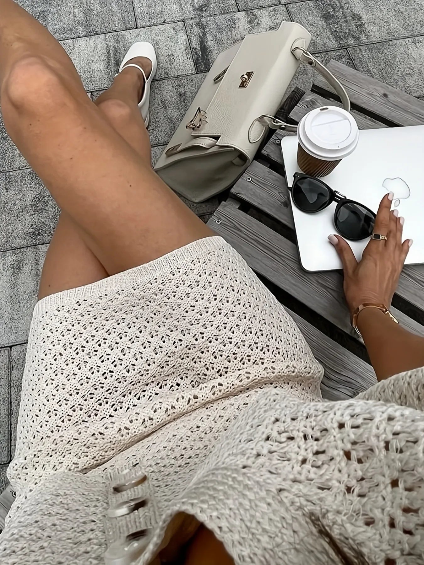 Openwork Button Up Top and Skirt Sweater Set.