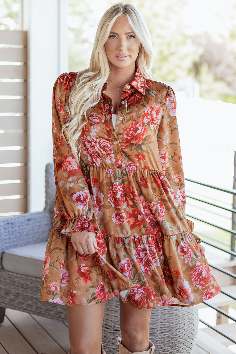 Brown Vintage Floral Print Shirt Style Half Button Long Sleeve Ruffle Mini Dress Dear-Lover Dropshipping
