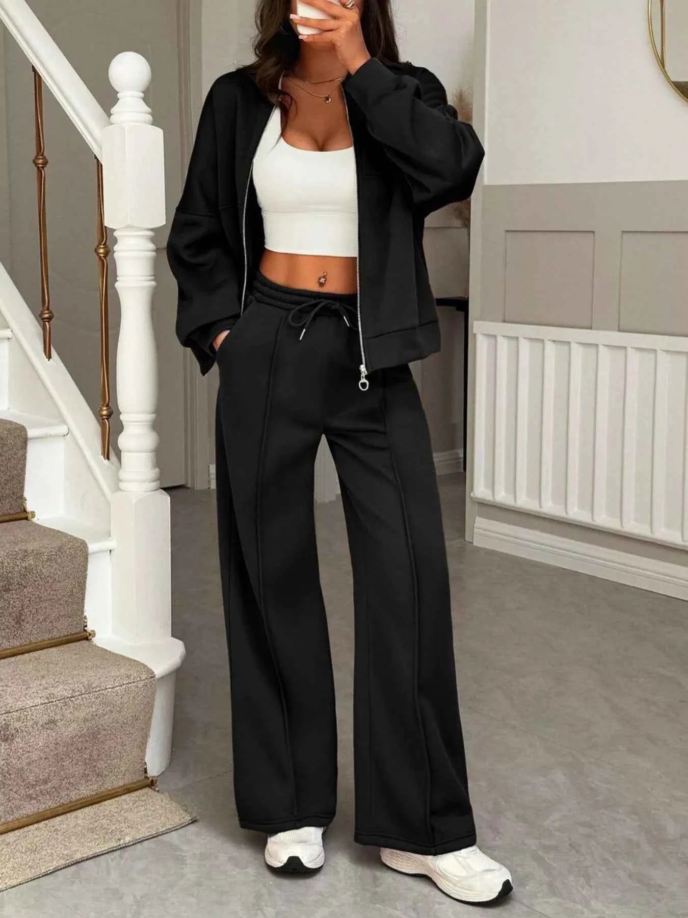 Casual Zipper Front Top and Wide Leg Pants Set