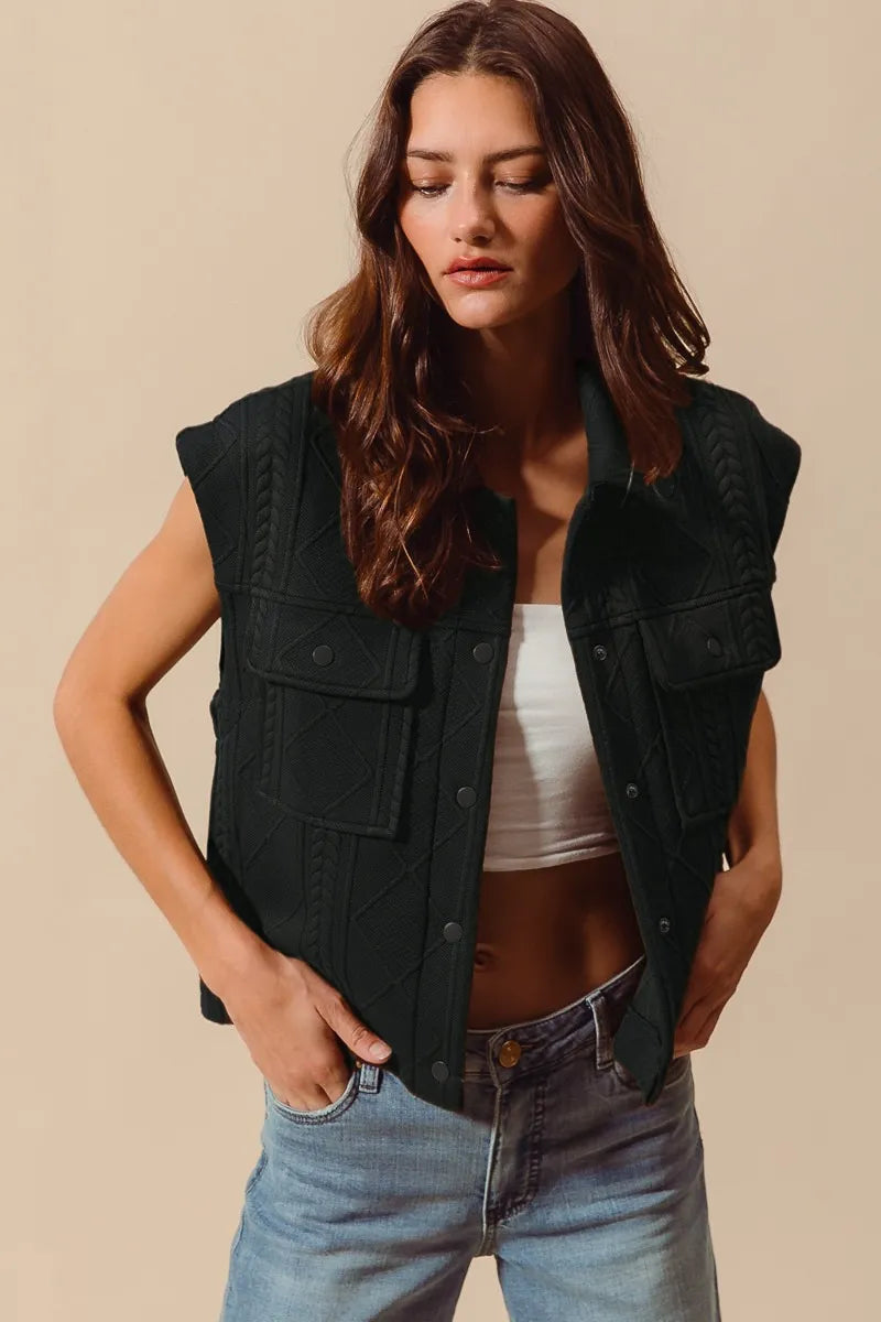 SO ME Cable Quilting Stitch Button Up Knit Vest.