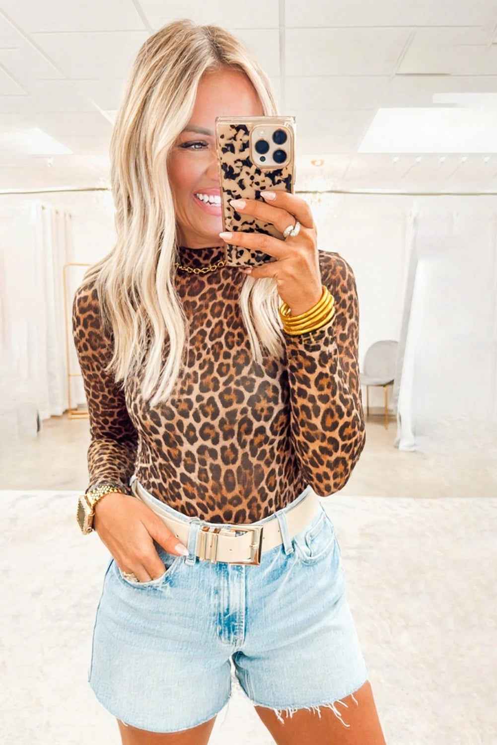 Brown Leopard Mock Neck Long Sleeve Mesh Top