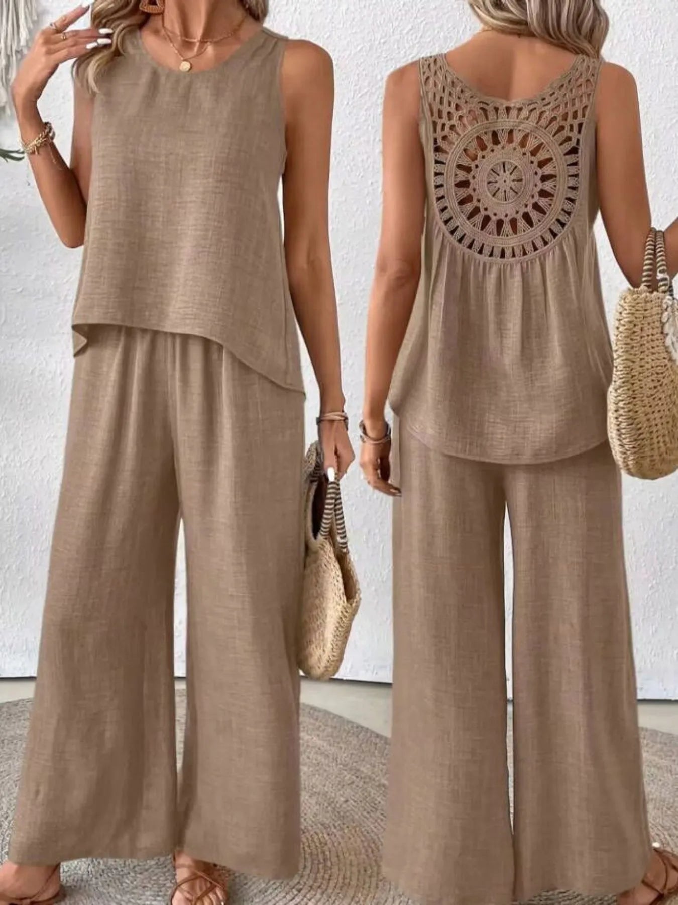 Round Neck Tank and Wide Leg Pants Set - CHIC TB