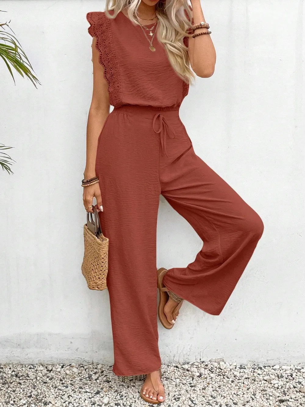 Lace Trim Round Neck Top and Pants Set - CHIC TB