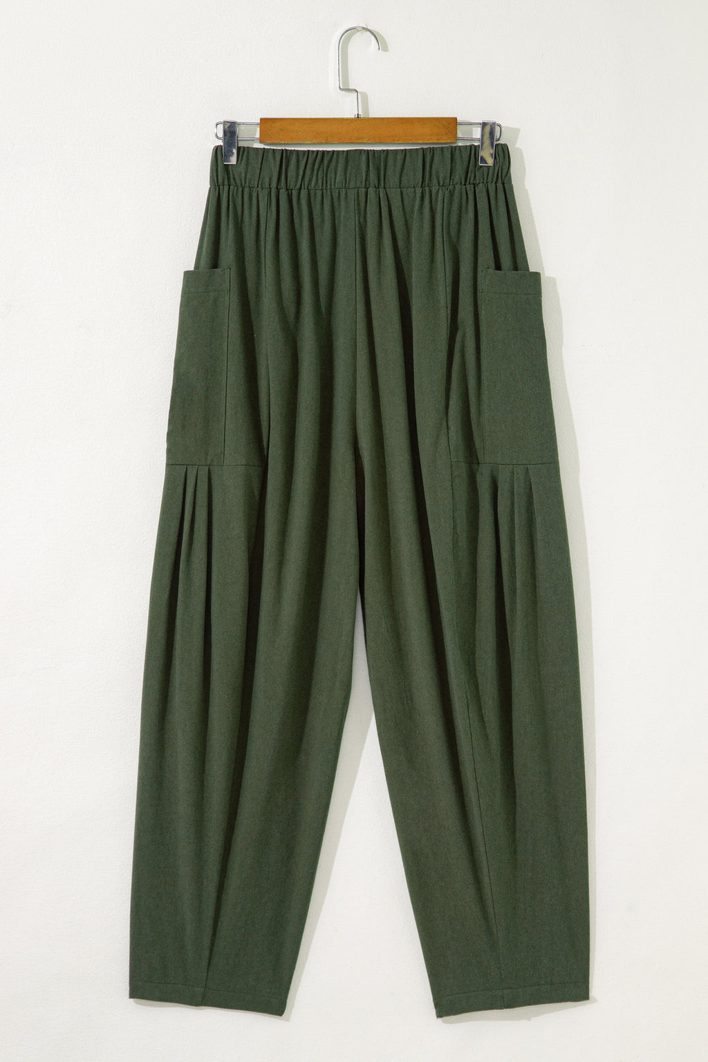 Jungle Green Drawstring Elastic Waist Patch Pocket Barrel Leg Casual Pants