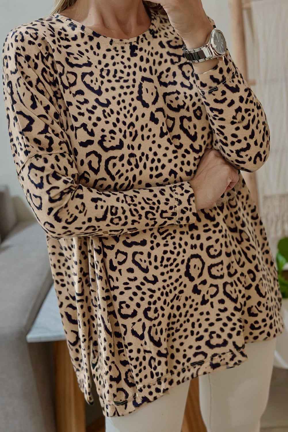 Khaki Leopard Print Long Batwing Sleeve Loose Top