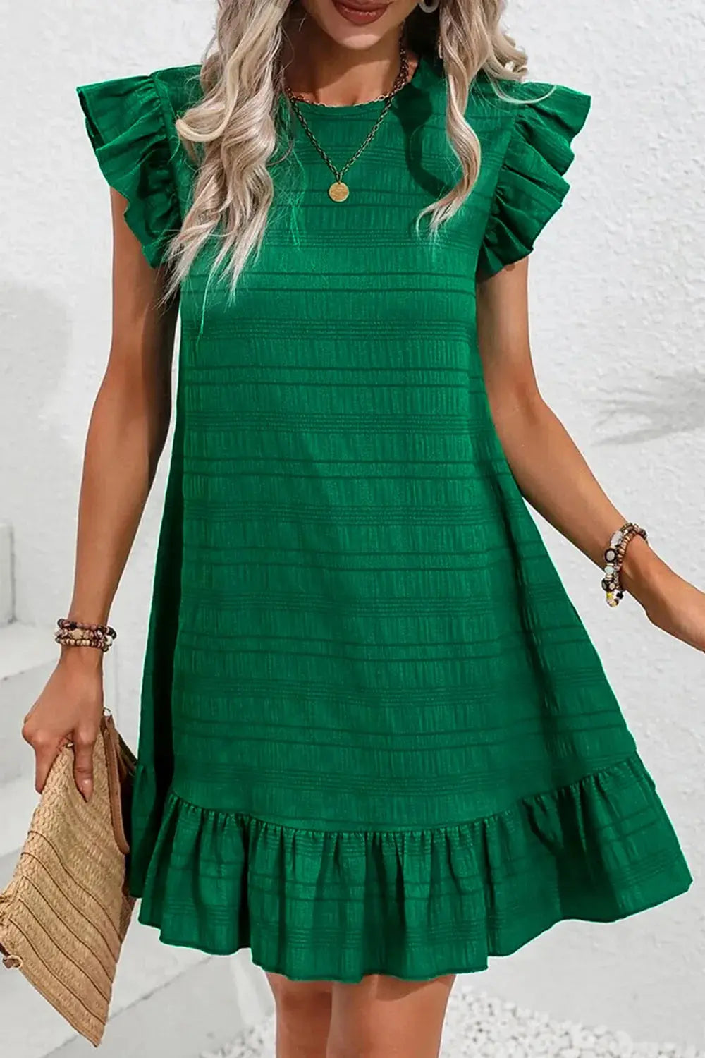 Ruffled Round Neck Cap Sleeve Dress.