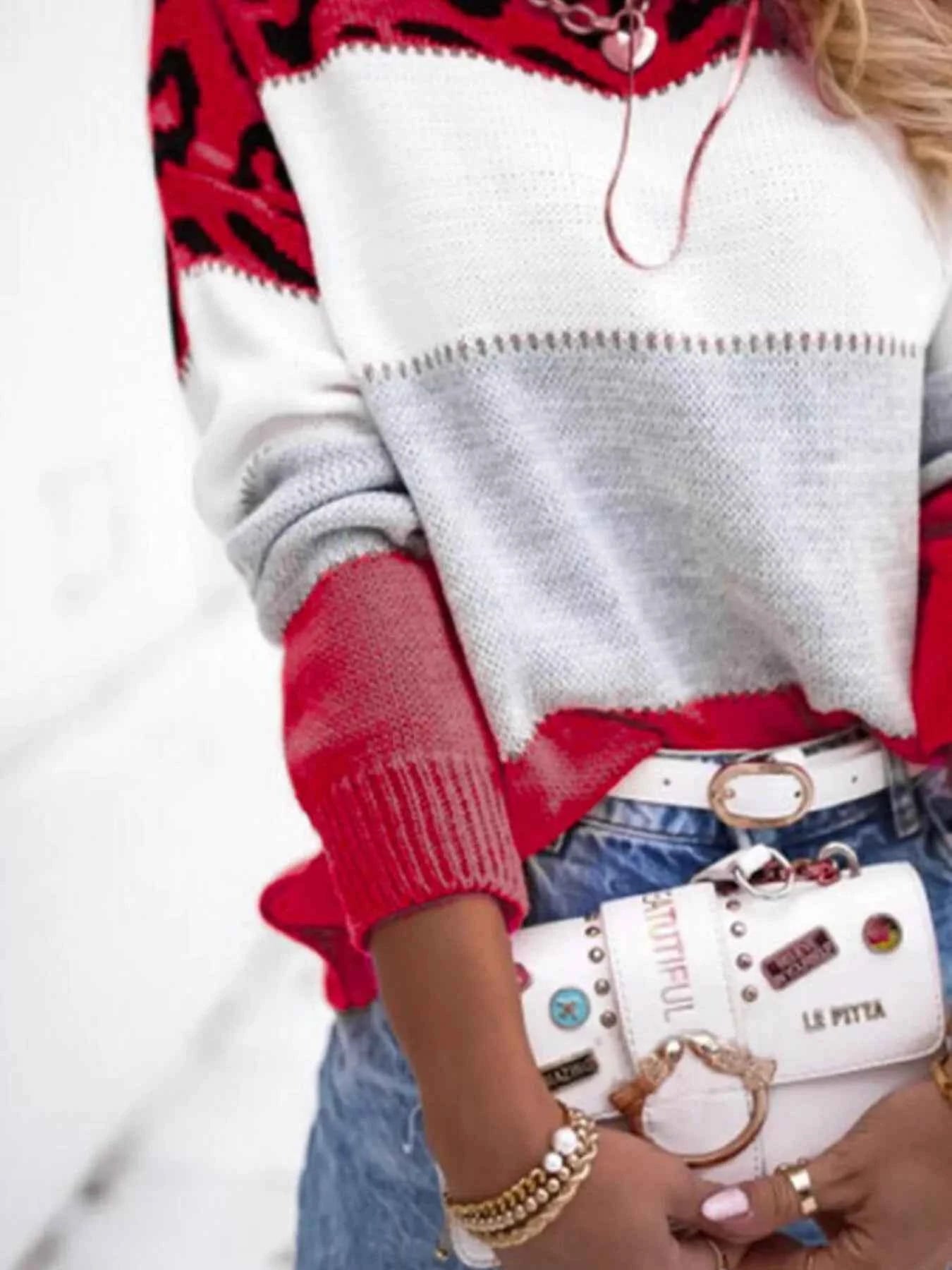 Full Size Leopard Color Block Long Sleeve Sweater Plus Size