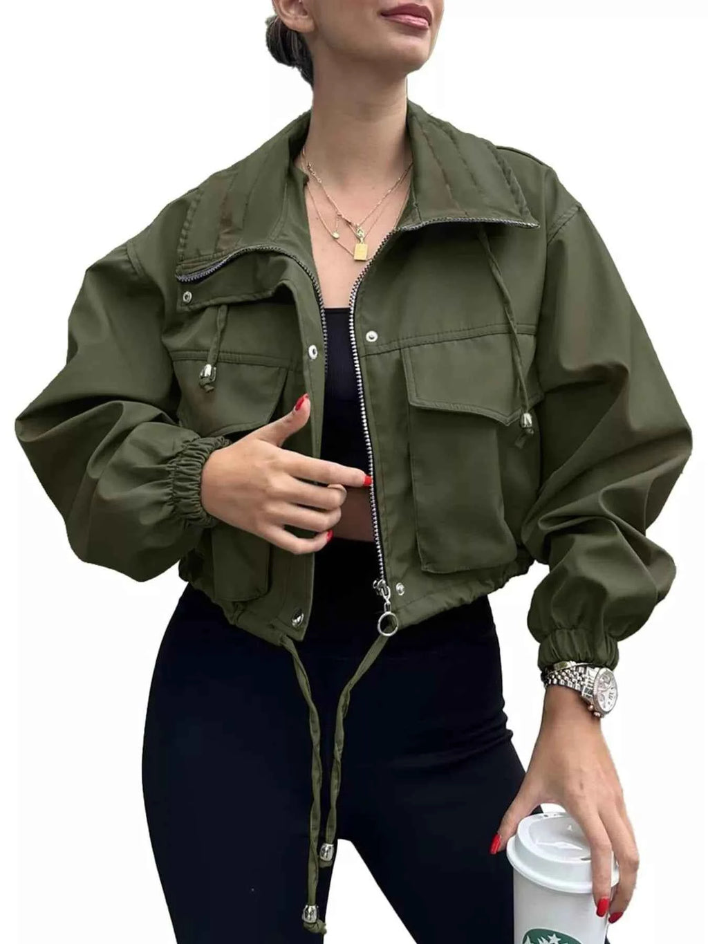 Drawstring Hem Zip Up Jacket