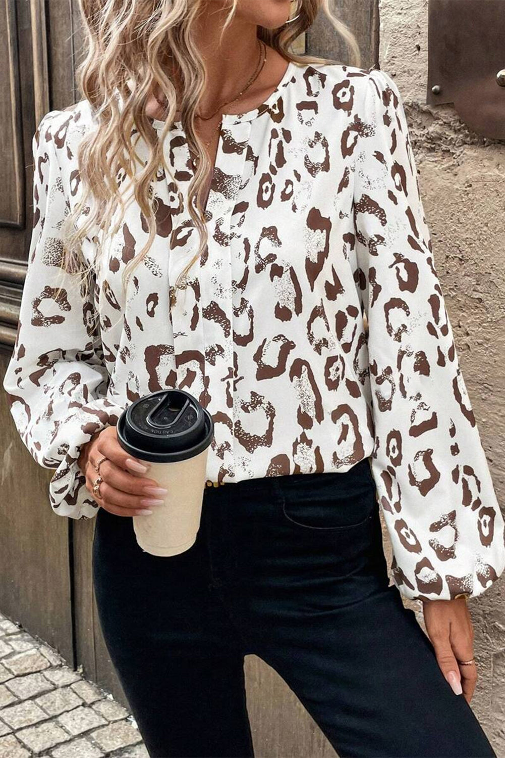 Khaki Leopard Print Split Neck Balloon Sleeve Blouse Dear-Lover Dropshipping