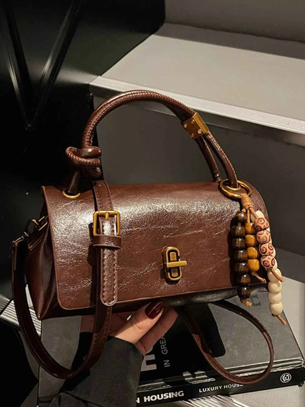 Leather Crossbody Bag with Bead Charm