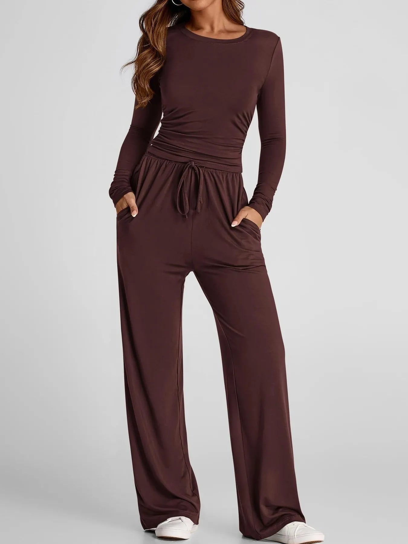 Round Neck Long Sleeve Top and Pants Set.