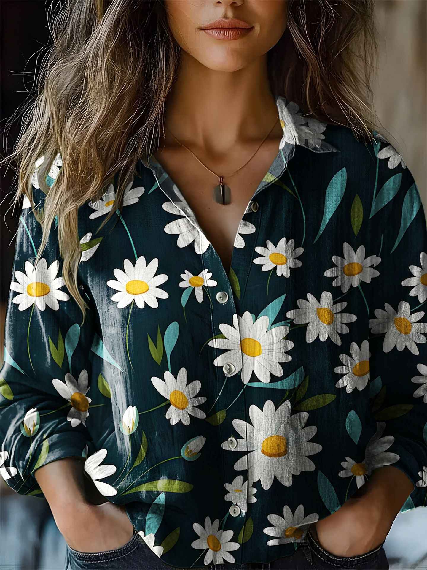Floral-print Long-sleeve Shirt Delicate Linen Casual Blouse