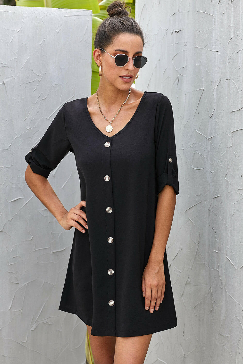 Buttoned V-Neck Dress.
