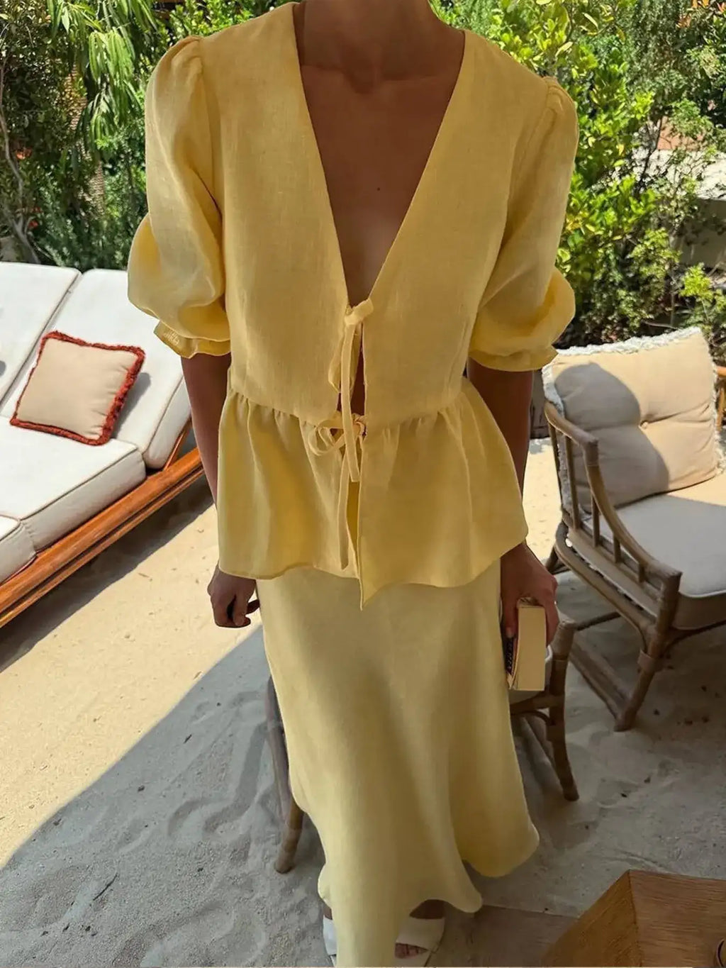 Tie Front Peplum Top and Skirt Set.