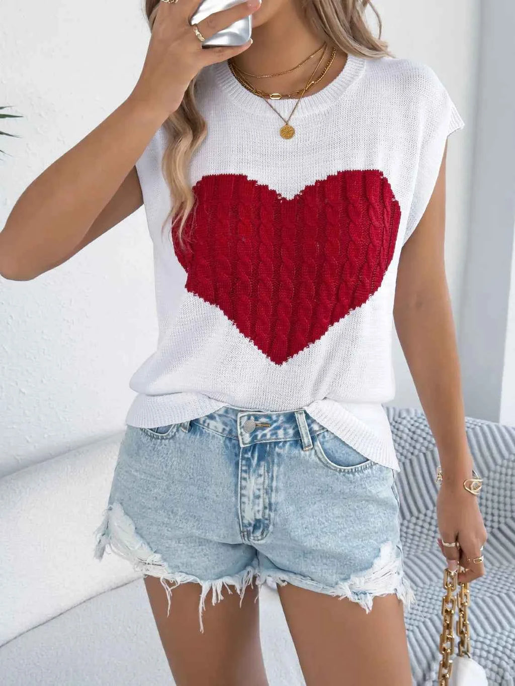 Cable Knit Heart Round Neck Cap Sleeve Knit Top.