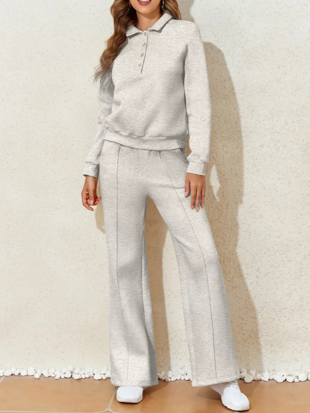 Collared Sweatshirt and High Waist Pants Active Set.