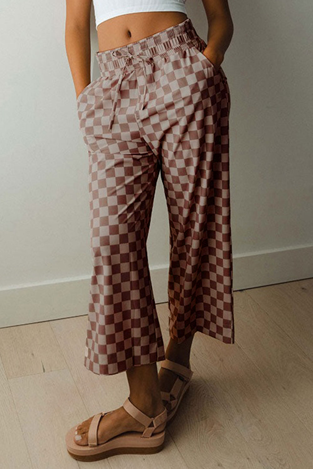 Khaki Checkered Elastic High Waist Loose Casual Pants Dear-Lover Dropshipping