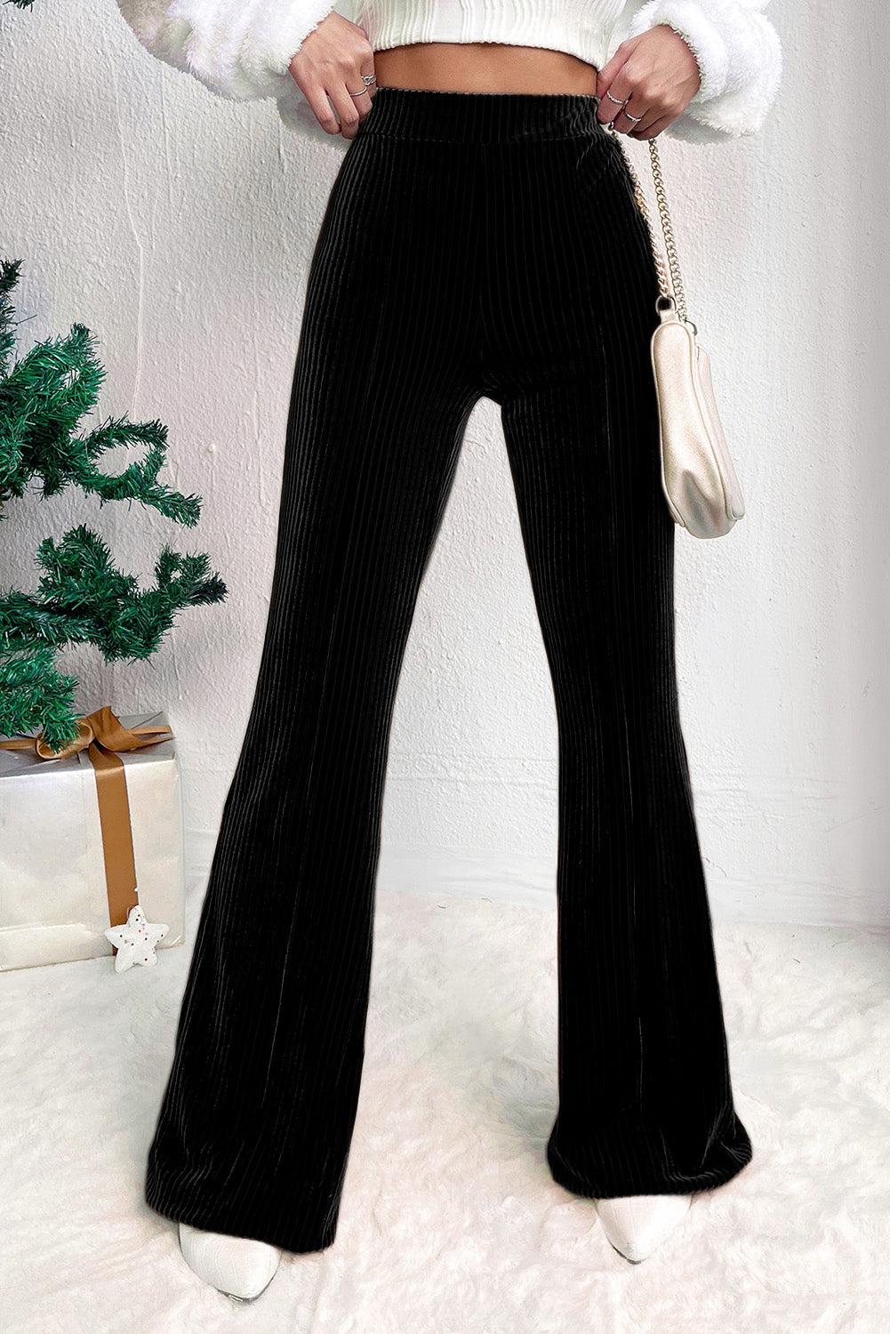 Black Solid Color High Waist Flare Corduroy Pants Dear-Lover Dropshipping