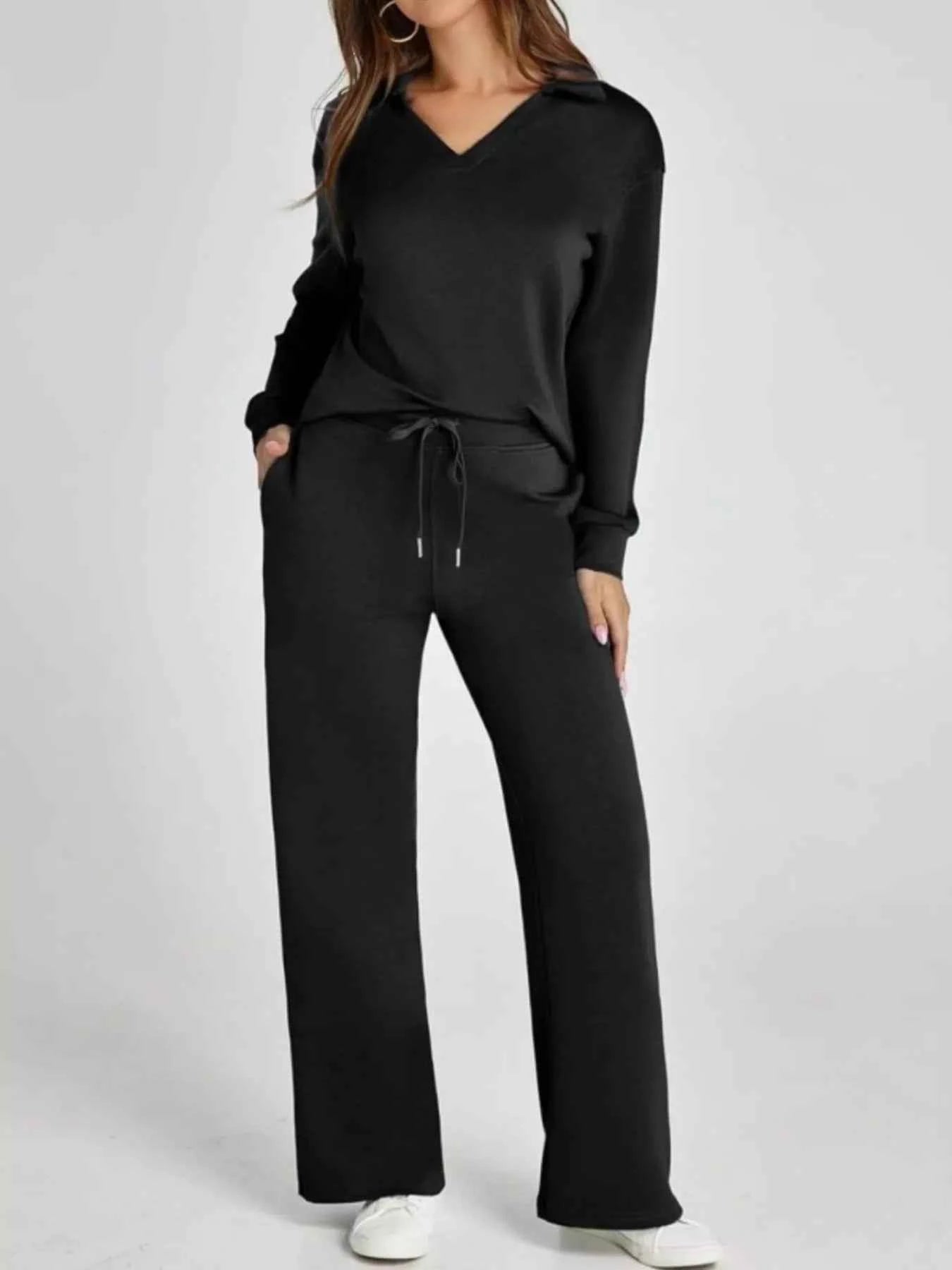 Full Size Johnny Collar Long Sleeve Top and Pants Plus Size