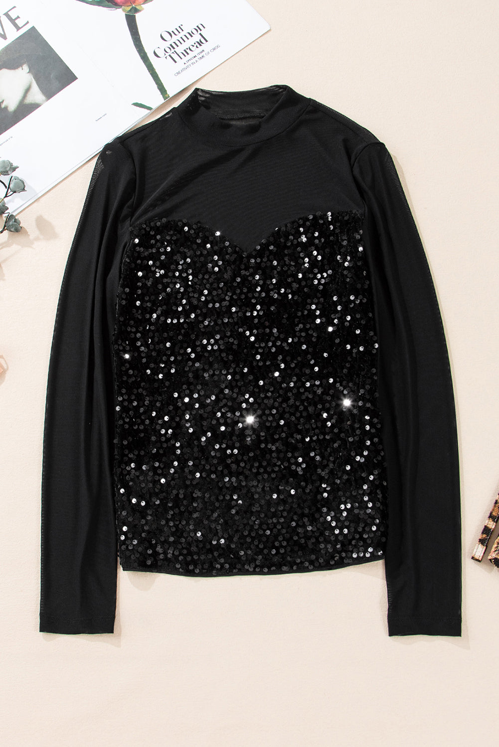Black Sequin Velvet Sheer Mesh Mock Neck Blouse Dear-Lover Dropshipping