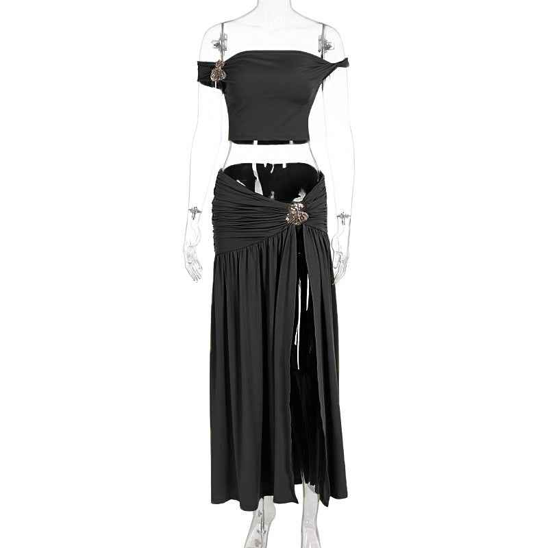 Women's Top And Slit Pleated Skirt Set