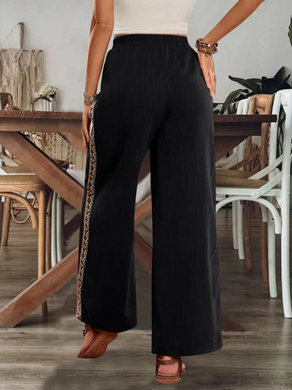 Bohemian Wide Leg Embroidered Side Stripe Pants.