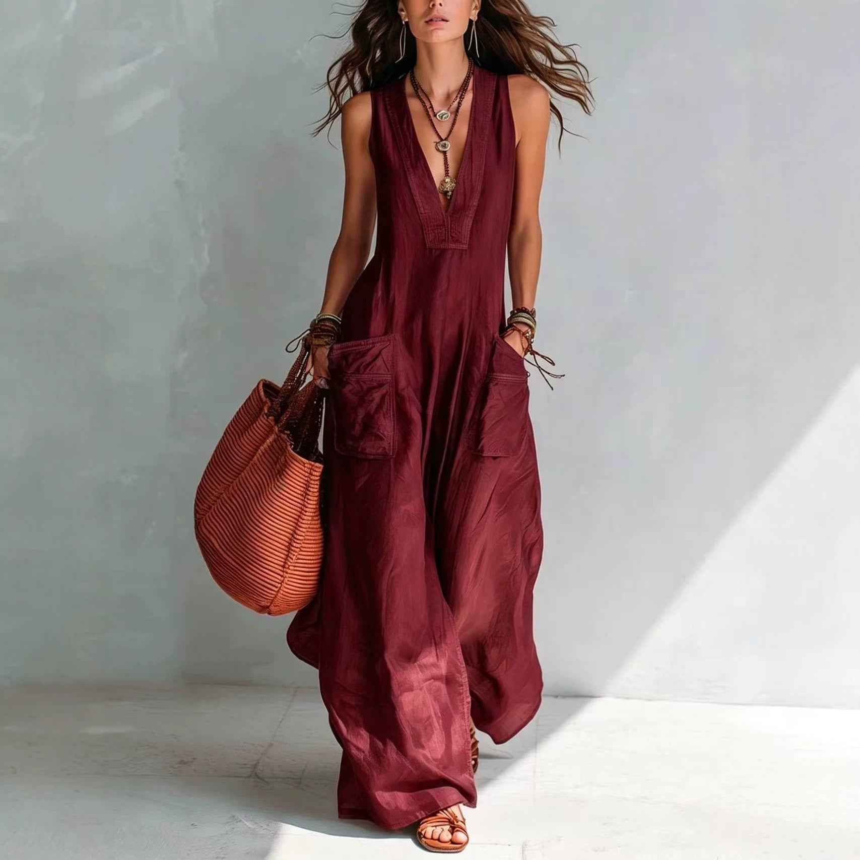 Solid-color Wide-pocket Jumpsuit For Women