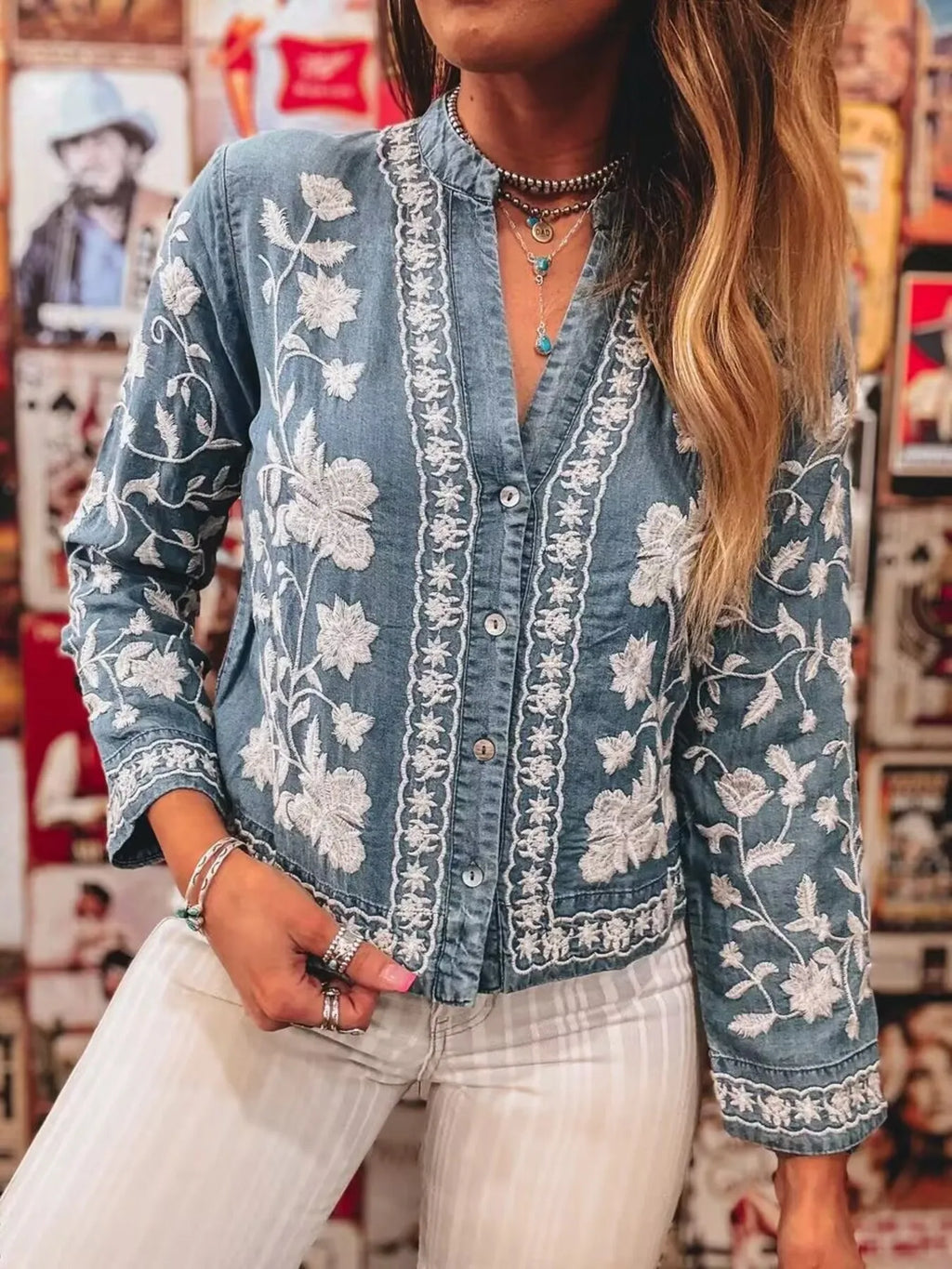 Floral Embroidered Button Up Denim Shirt.