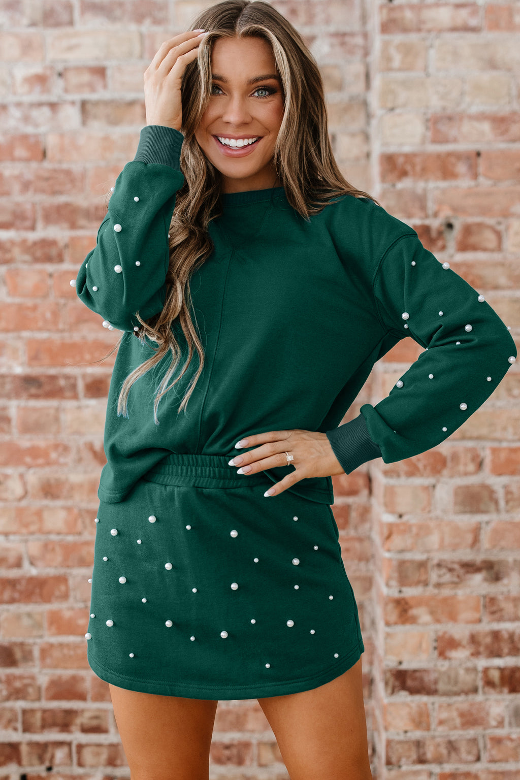 Dark Green Pearl Embellished Drop Shoulder Pullover Elastic Waist Mini Skirt Set