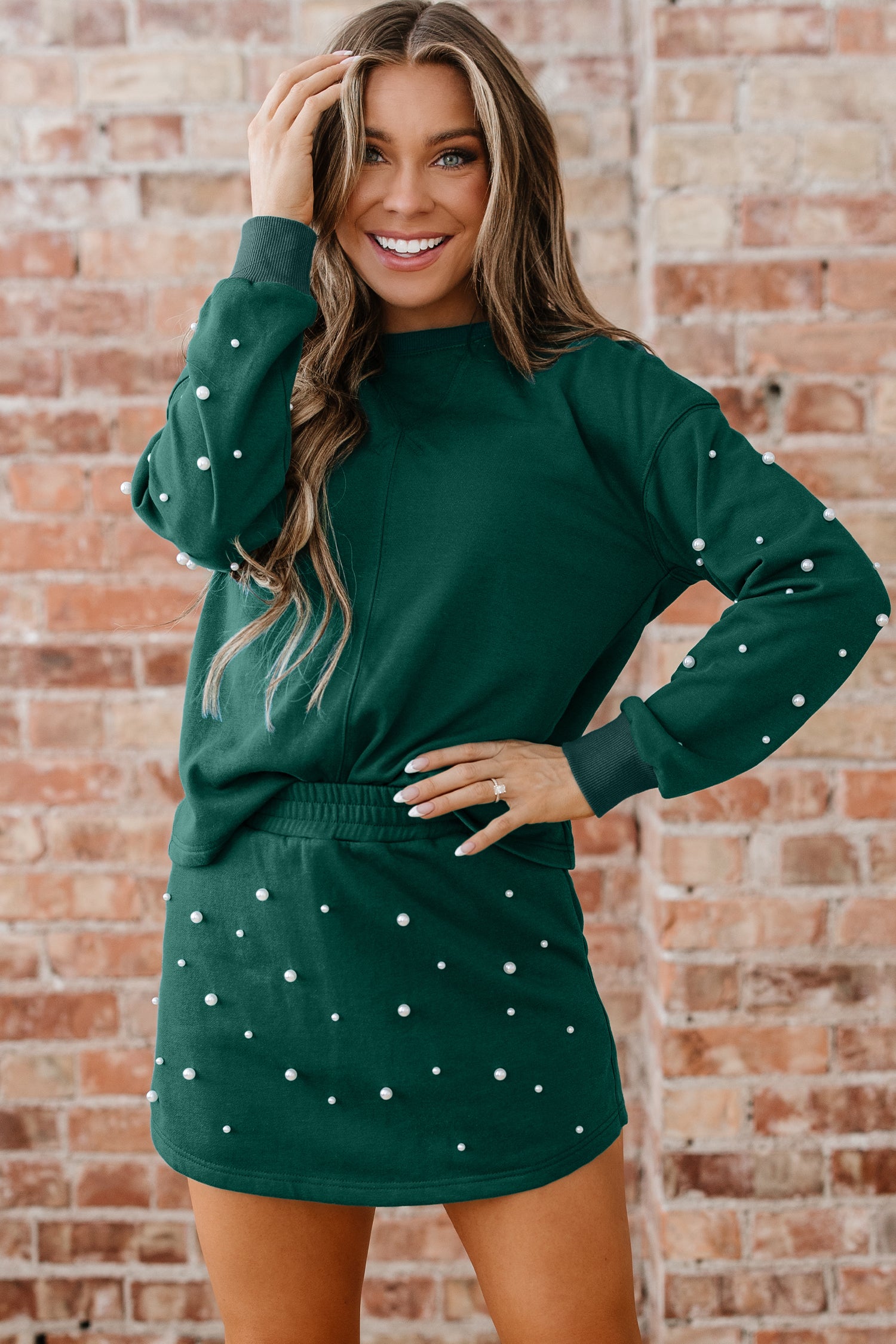 Dark Green Pearl Embellished Drop Shoulder Pullover Elastic Waist Mini Skirt Set