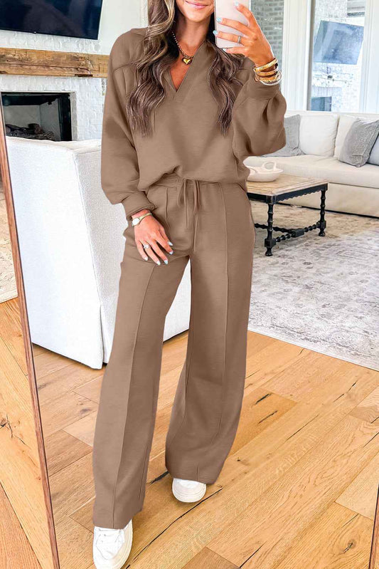 Dark Khaki Polo Collar V Neck Pullover and Drawstring Sweatpants Set