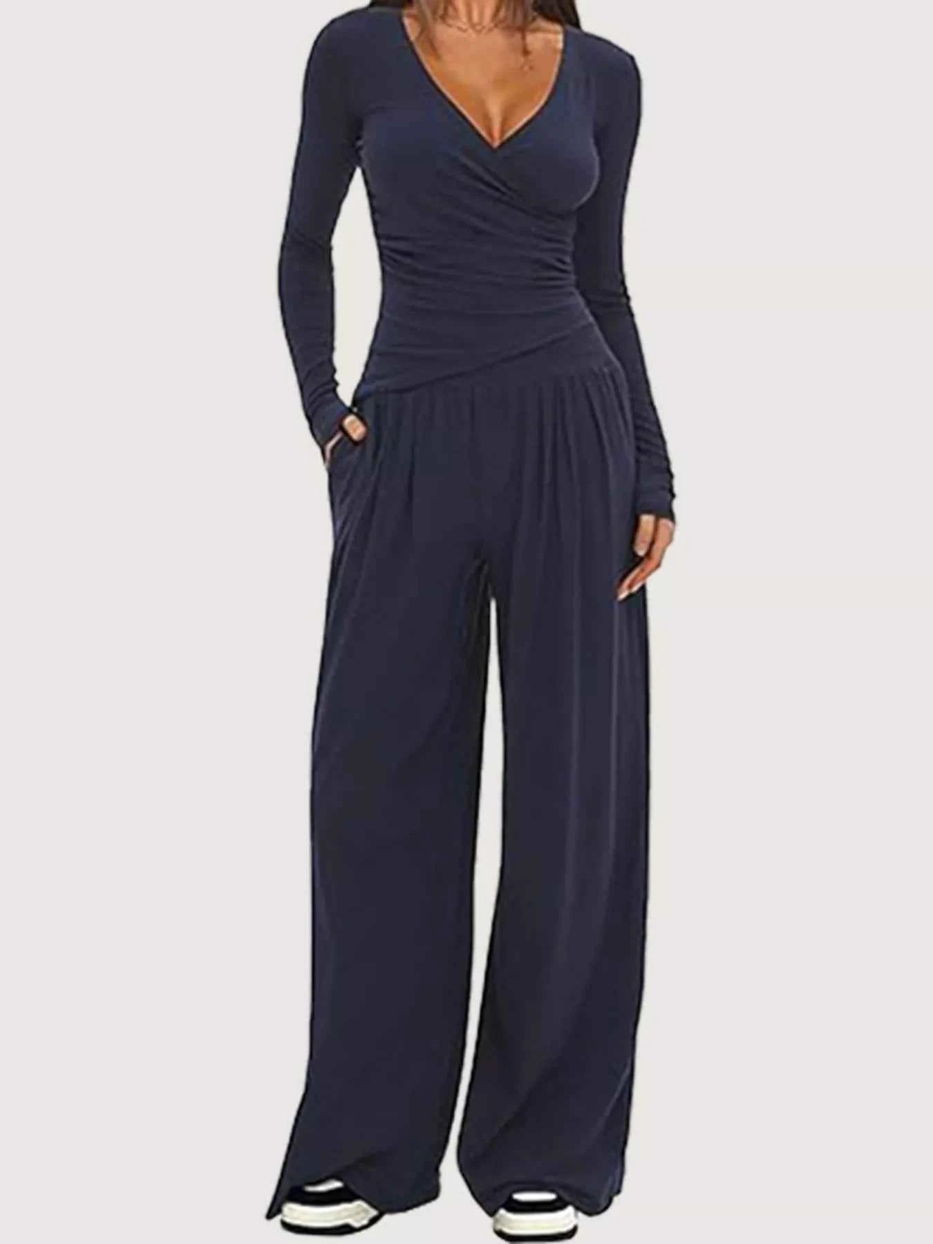 Casual Long Sleeve Top and Wide Leg Pants Set