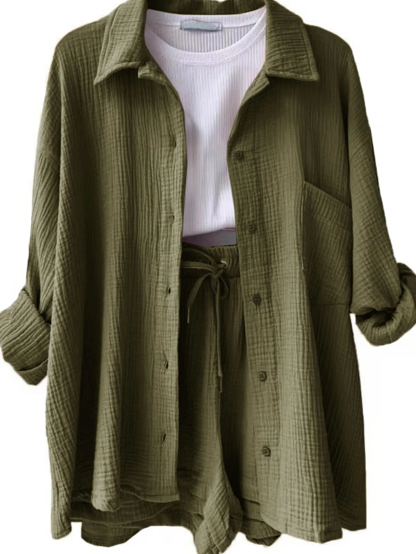 Textured Button Up Shirt and Shorts Set.