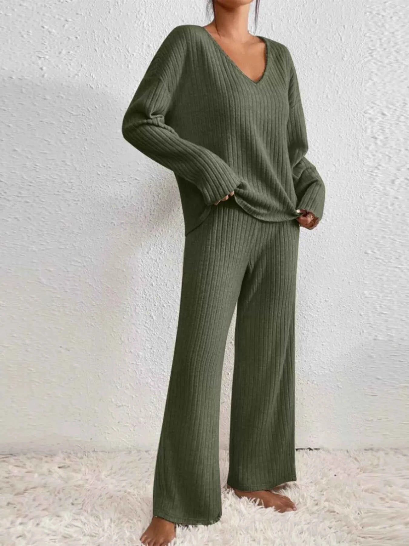 Ribbed V-Neck Top and Pants Set